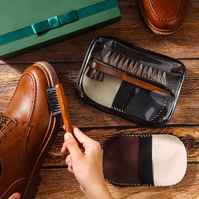 6 Pcs Horsehair Shine Shoes Brush Kit Polish Dauber Applicators Cleaning Leather Shoes Boots Care Brushes Suede Cleaner Brush with Microfiber Shoe Gloves(6 Pcs Style E)