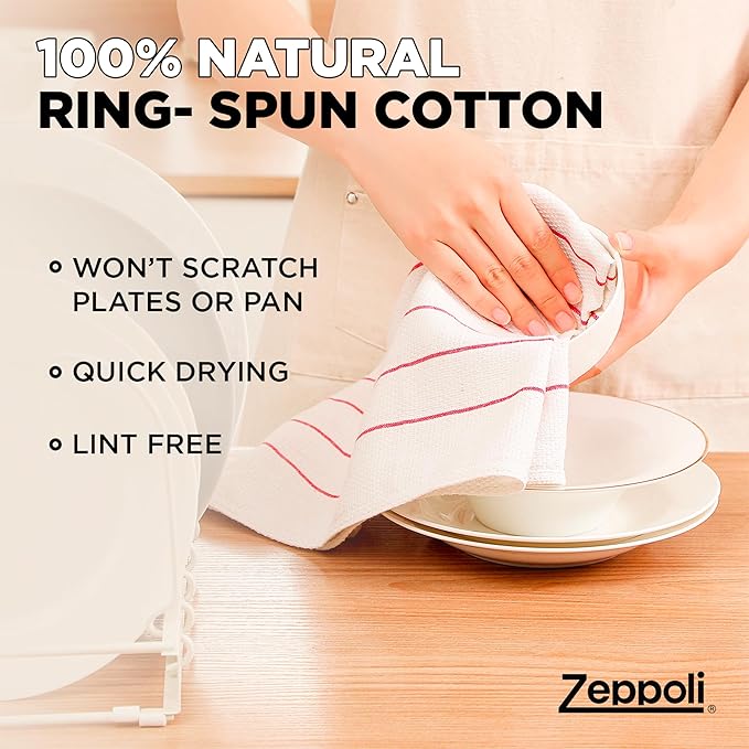 Zeppoli Classic Kitchen Towels - 6 Pack 100% Natural Cotton Towel Set, Reusable Wash Cloths, Absorbent Dish Towels, Machine Washable Hand Towels, Kitchen Essentials, 20� x 28� - Red VAR