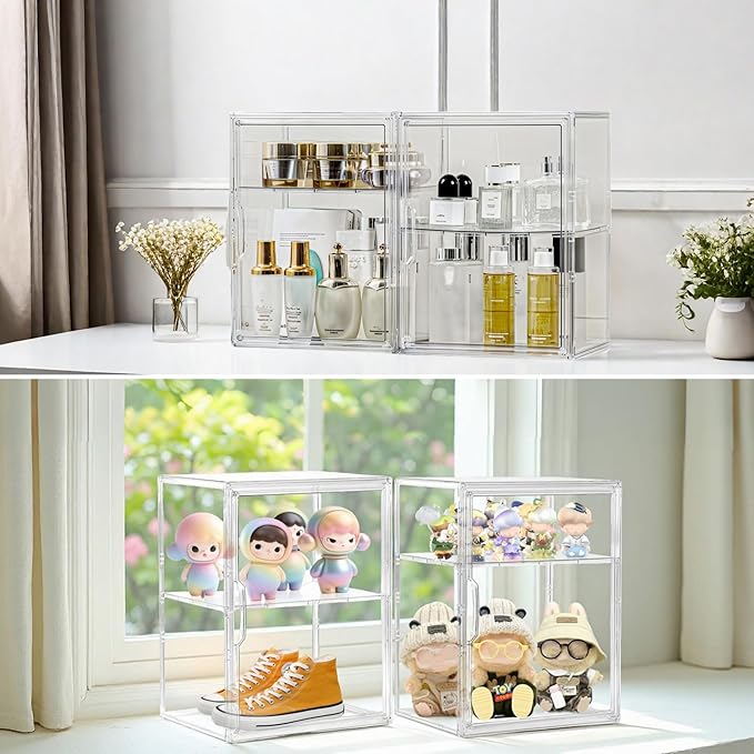 Large Clear Acrylic Display Case Shoe Storage Boxes With An Adjustable Divider,2 Pack 2 Tiers Clear Plastic Stackable Storage Bins With Lids Display Acrylic Box With Magnetic Door