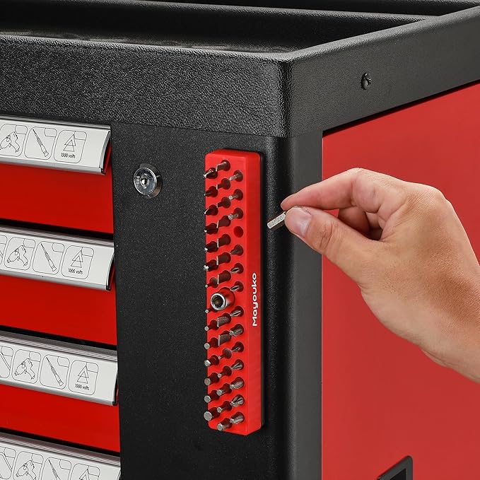 Mayouko 1/4" Magnetic Hex Bit Holder Rack Organizer, 43 Holes, 1/4-Inch Drill Bit Holder, Red, 2 Racks, Magnetic Bit Holder with Magnet Base for Screwdriver Bits