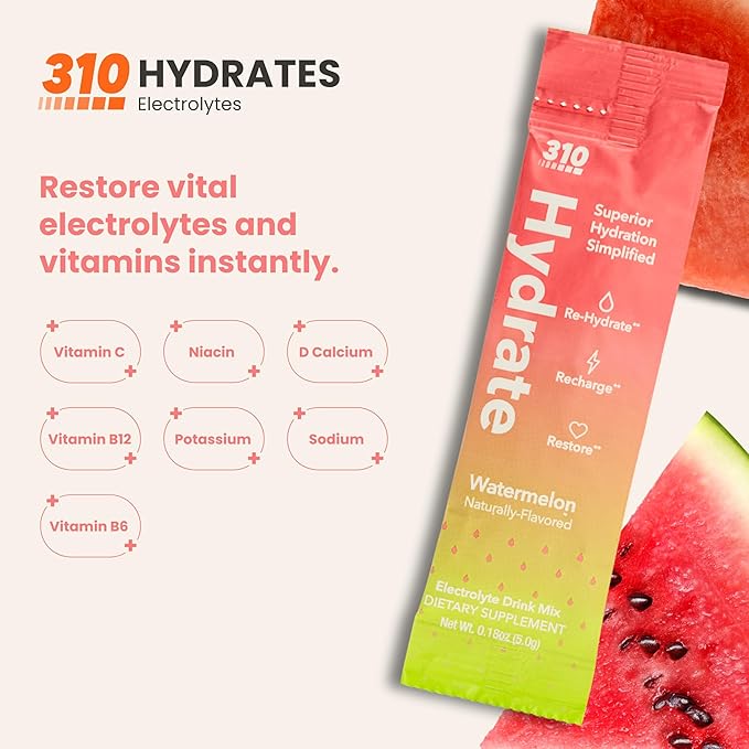 310 Nutrition Sugar Free Electrolytes Powder - Instant Hydration Packets for Daily Fluid Balance - Caffeine-Free Rehydration Drink Mix w/ Vitamins, Low Calorie & Keto Friendly - Watermelon 30 Singles