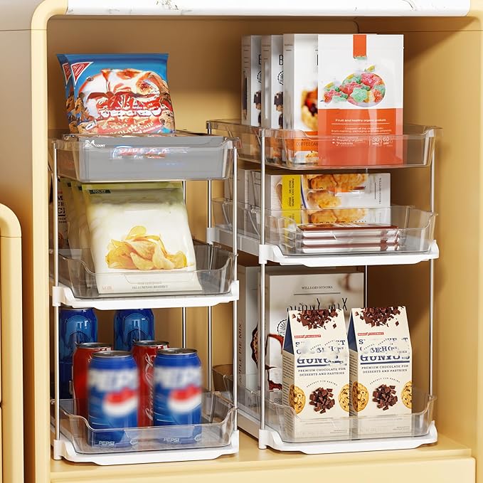 Delamu 2 Sets of 3-Tier Bathroom Under Sink Organizers and Storage, Multi-Purpose Stackable Pantry Organization and Storage, Pull Out Clear Kitchen Bathroom Cabinet Organizer with Movable Dividers