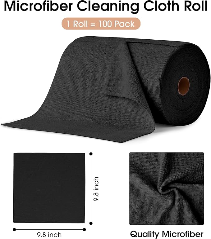 KitchLife Microfiber Cleaning Cloth Roll, 100 Pack - Tear-Away Microfiber Paper Towels, Lint-Free, Reusable, Washable for Kitchen, Car, Dishes, and Sensitive Surfaces (Black)