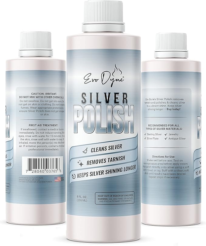 Silver Polish, Silver Cleaner (8-oz Bottle), Made in the USA | Silver Jewelry Cleaner – Gently Removes & Prevents Tarnish | Safe to Use on All Silvers by Evo Dyne (Silver Polish)