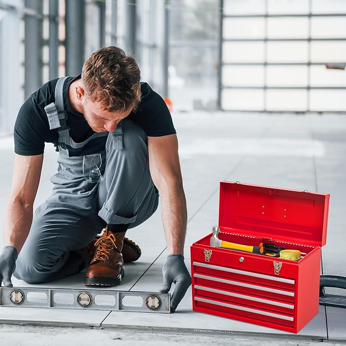 Tool Chest Cabinet, Large Capacity Metal Tool Box with Wheels and Cylinder Locking, Roll Around Storage Organizer Tool Cart for Garage, Redtool cabinets on Wheels (Red, 4-Drawer)