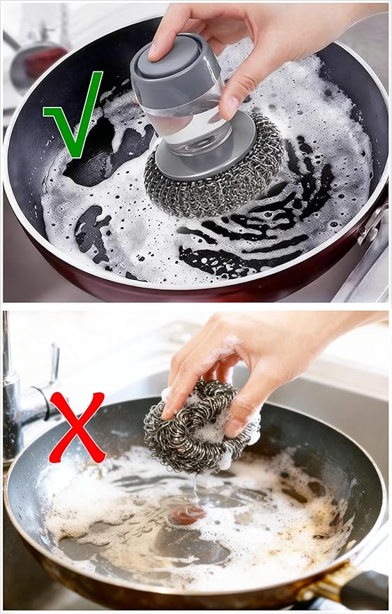 Dispensing Steel Wool Scrubber, Heavy Duty Stainless Scouring Pad with Dispenser, Brush with Soap Dispenser, Steel Sponge Scourer for Kitchen, Dishes, Pan, Stove, Grill, Cast Iron 1+4