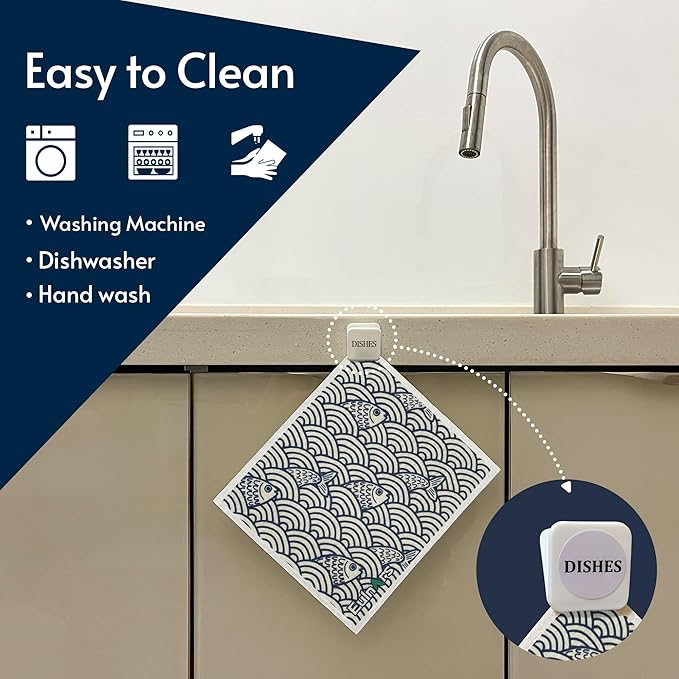 Swedish Dishcloths for Kitchen, 8 Pack Japanese Pattern Reusable Paper Towels with Clips, Non-Scratch Swedish Dish Towels, Super Absorbent Cellulose Dish Cloths, No Odor