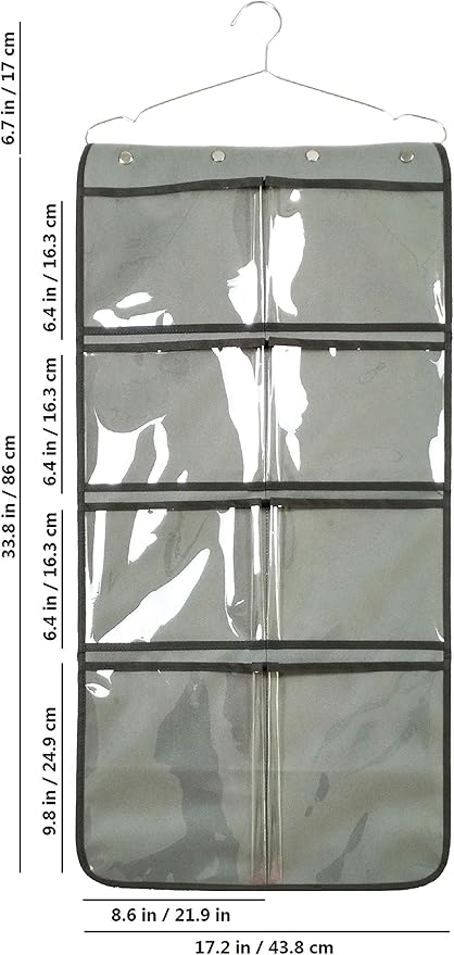 NIMES Durable Hanging Closet Underwear Sock Bra Stocking Organizer Dual-Sided Accessories Storage with 16 Large Clear Pockets (Grey)