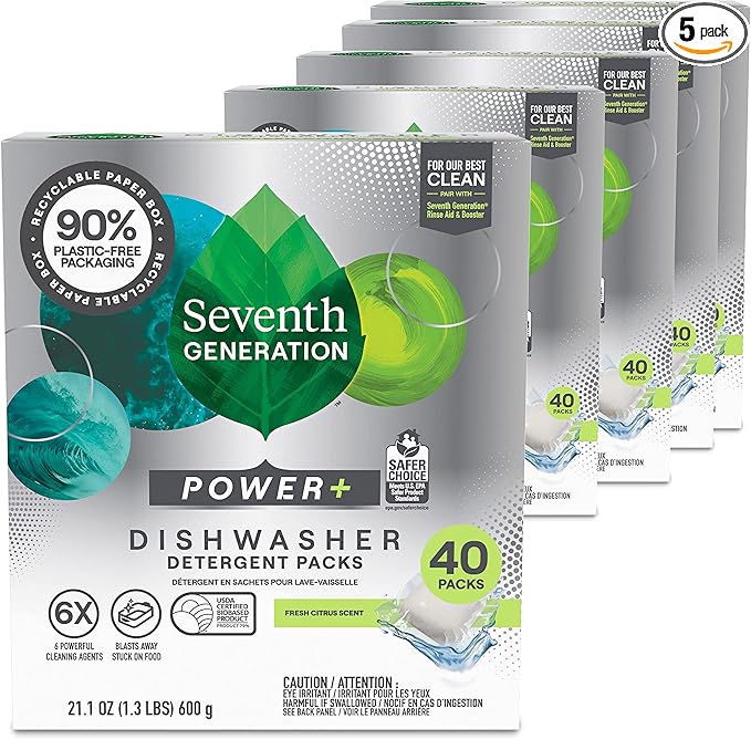 Seventh Generation Power Plus Dishwasher Detergent Packs Fresh Citrus scent Pack of 5 for sparkling dishes Dishwasher tabs 40 count