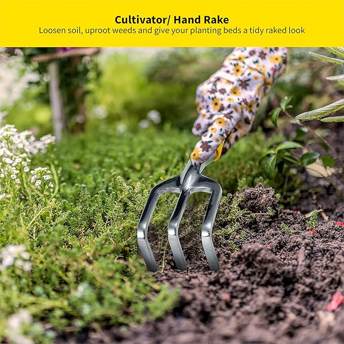 ⭐️ Gardenera 3PC Garden Tool Set with Soft Rubberized Non-Slip Handles - Hand Trowel, Transplant Trowel, Hand Rake in Polished Aluminum - Ideal for All Gardening Needs and The for Gardeners 🎁