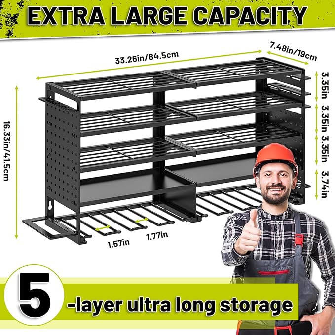 5 Layers Power Tool Organizer Wall Mount, Metal Cordless Tool Hanger Storage Rack Holder with 8 Drill Holders, Heavy Duty Garage Wall Tool Shelf for Workshop Tool Room Shed Pegboard Black