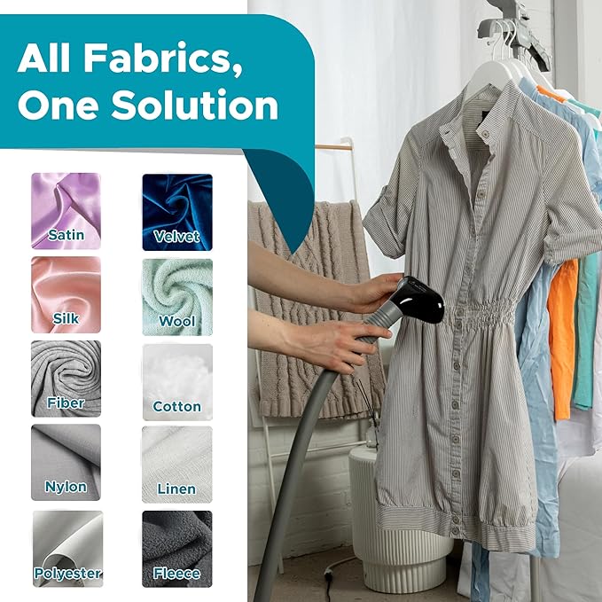 Steam & Go - The Rival Handheld Steamer - Upright Fabric Steamer for Clothes, Garments, Curtains, Bedding & Upholstery - Quick-Heating Foldable Steam Iron with Adjustable Pole Hanger & Detachable Tank