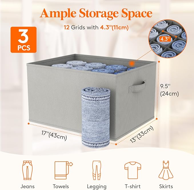 Lifewit Jeans Organizer for Closet, Large Size Pants Storage Bins 12 Cell, Foldable Clothes Drawer Organizer for Sweater, Towel, T-shirts, Dress, Stackable Wardrobe Shelf Dividers Box, 3 Packs