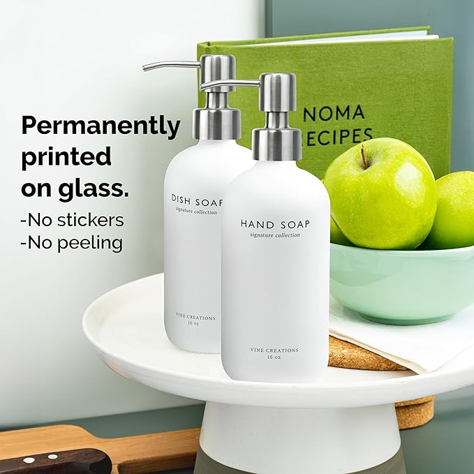 Vine Creations White Glass Soap Dispenser Set, Dish Soap and Hand Soap Dispenser Set with Stainless Steel Pump, 16 oz Glass Dispensers for Kitchen or Bathroom Decor (Matte White Bottle/Silver)