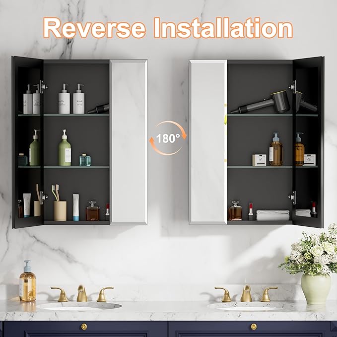 26x30 Inch Medicine Cabinet with Mirror, Aluminum Bathroom Mirror Cabinet, Beveled Edge Mirrored Double Door, Adjustable Shelves, Surface or Recessed Mount Mirrors with Storage,Black