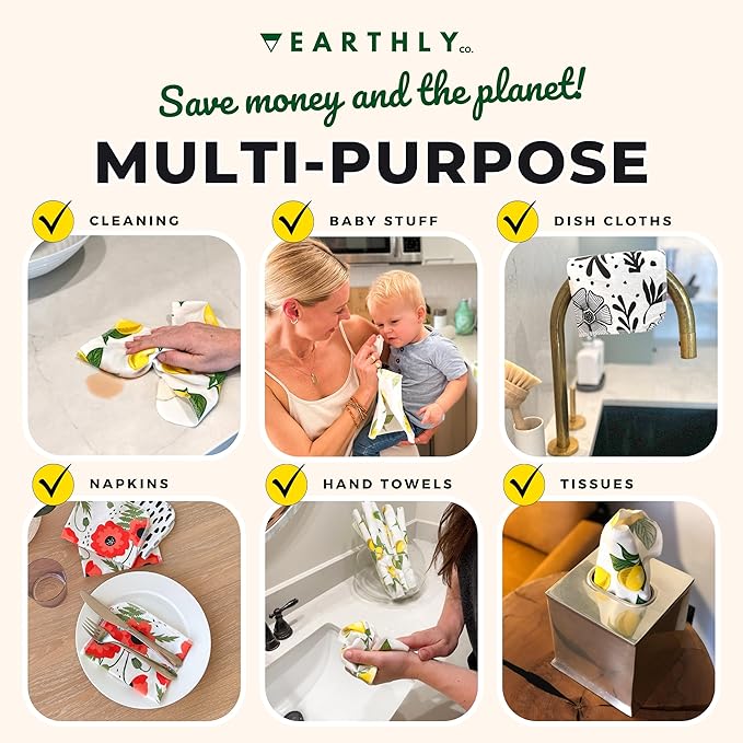 Reusable Paper Towels - 24 Pack - Roll of Washable Cotton Cloth Paper Towels - Paperless Reusable Napkins Cloth Washable - Absorbent + Long Lasting - Zero Waste Products - (Lemon)