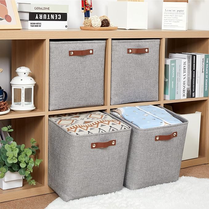 HNZIGE Fabric Storage Cubes Baskets,Set of 4,Foldable Storage Basket with Handles for Organizing,13 x 13 Cube Storage Organizer Bins for Toys, Clothes(Gray)