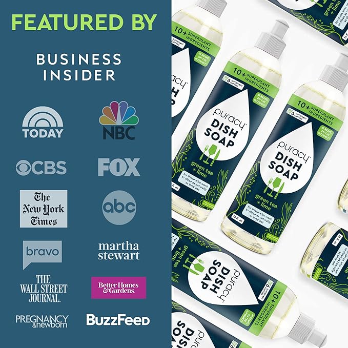 Puracy Natural Dish Soap Packs- Skin-Softening Plant-Based Dishwashing Soap, Non-Toxic Dish Soap, Organic Liquid Dishwashing Detergent Soap (Green Tea & Lime, 16 fl oz, 3 Pack)