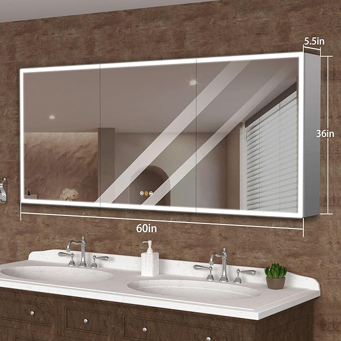 Gray Medicine Cabinets for Bathroom with Mirror, LED Medicine Cabinets Mirror with Defogger, Bathroom Medicine Cabinet with Dimmer, Outlets & USB, 60”W x 36”H, Surface Mounted