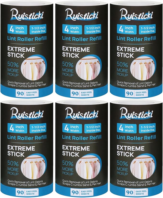 4 inch Extra Sticky Lint Roller Refills for PetLovers Evercare Value Pack of 6 Extreme Stick Pet Lint Roller Refills 90 Sheets per Roll - 540 Sheets Total (Inside Dia. 1 1/2 inch)