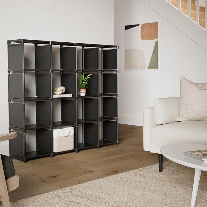 Mavivegue Bookshelf,16 Cube Storage Organizer,Book Shelf Organizer,Tall Bookcase,Black Cube Shelf Cubbies Closet Storage Shelves for Bedroom,Living Room,Home,Office, 16-Grid