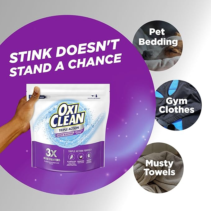 OxiClean Triple Action Odor Blasters Odor and Stain Remover Powder, Use with Detergent, Eliminates Tough Odors and Removes Stains, Color Safe and Chlorine Free, 4 lbs