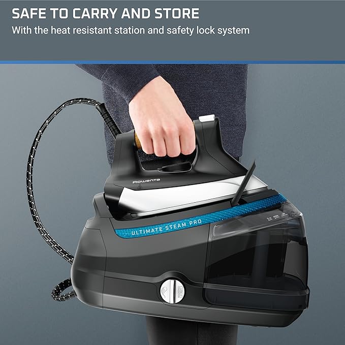 Rowenta, Iron, Ultimate Steam Pro Stainless Steel Soleplate Professional Steam Station for Clothes, 1800 Watts, 1.3L Removable Tank, Boiler Technology, Fast Heat Up, Black Clothes Iron, DG8668