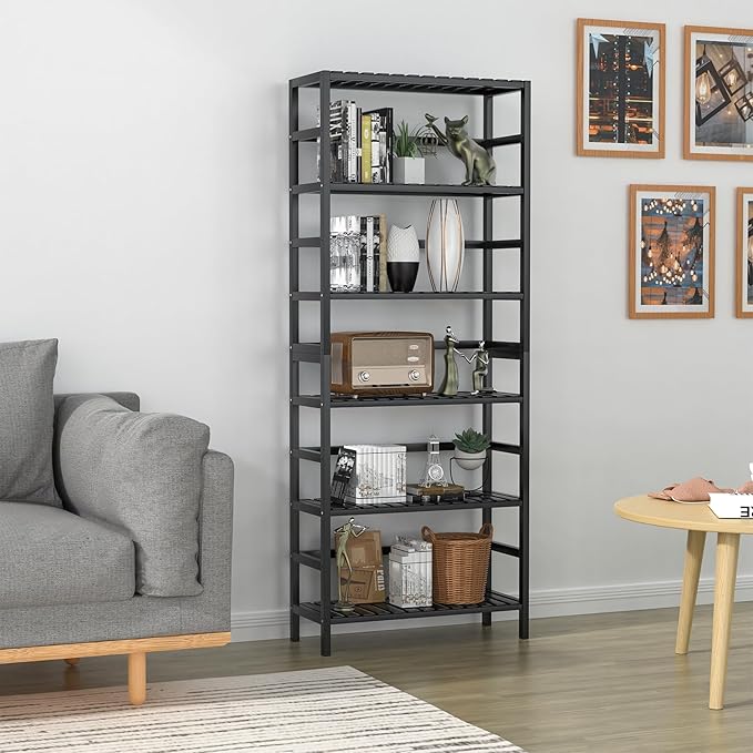 VASMIA 6-Tier Bamboo Shelf,Bamboo Storage Shelving Unit,Tall Bookcase with Adjustable Shelves,Multipurpose Storage Display Shelf for Bathroom, Living Room, Balcony, Kitchen,Black
