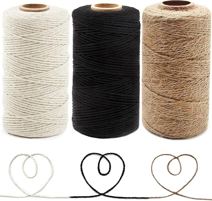 Anvin Cotton Twine - Natural Jute Packing & Wrapping Twines (Black, White) - 984 Feet, 10 Ply, 2mm Thick - Ideal for Bakers, Butchers, Arts & Crafts, Gardening - Pack of 3