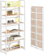 4NM No Assembly Folding Bookshelf, 6-Shelf 74" H Collapsible Foldable Bookcase Storage for Small Spaces, Natural White