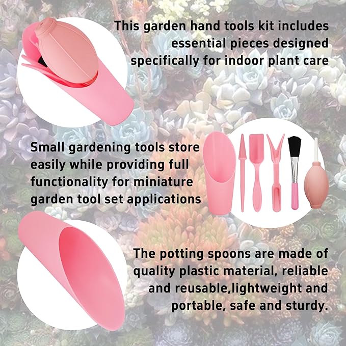 6Pcs Mini Succulent Tools Set, Garden Hand Tools Kit for Indoor Plant Care, Succulent Bonsai Miniature Garden Tool Set, Small Gardening Tools for Transplanting Digging Planting, Pink