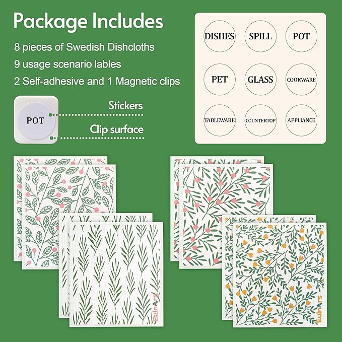 Swedish Dishcloths for Kitchen, 8 Pack Green Reusable Paper Towels with Clips, Non-Scratch Swedish Kitchen Towels, Super Absorbent Cellulose Sponge Cloths, Dishwasher Safe, No Odor