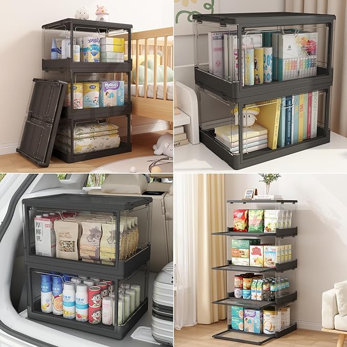 3-Pack Clear Stackable Storage Bins with Lids Magnetic Doors Open Front Foldable Folding Plastic Craft Containers Large Closet Organizers Box for Bedrooms Living Rooms Study 24 QT