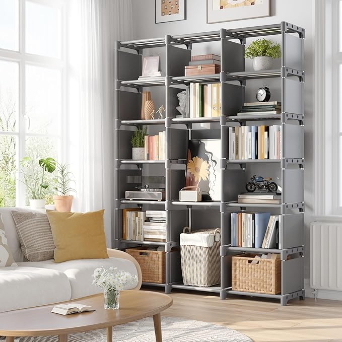 REIBII Book Shelf, 16 Cube Storage Organizers, DIY Tall Book Case for Bedroom, Office, Living Room, Closet, 12" D x 47.24" W x 70.86" H, Grey