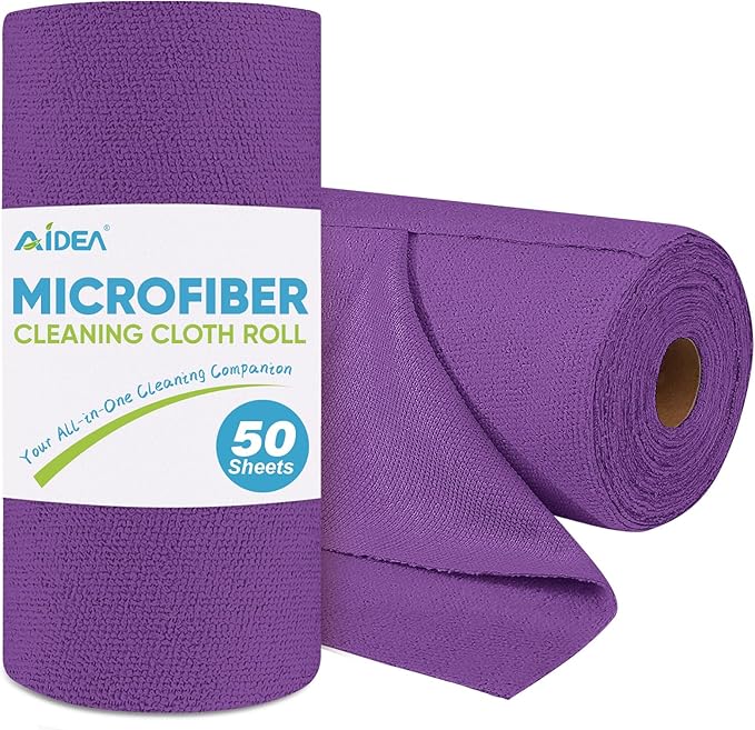 AIDEA Microfiber Cleaning Cloth Roll, 50PK, Reusable Paper Towels Tear Away Cloth, Microfiber Towels for Cars, Lint Free Cleaning Rags for House, Kitchen, Window, 11.5"×11.5", Purple