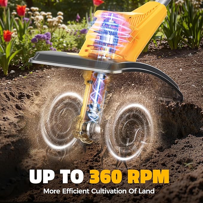 Cordless Tiller Cultivator Compatible with Dewalt 20V: MtiolHig Tiller for Gardening 360RPM Electric Garden Tiller, Brushless Rototiller 9" Width 6.3" Depth for Lawn/Soil Cultivation (No Battery)