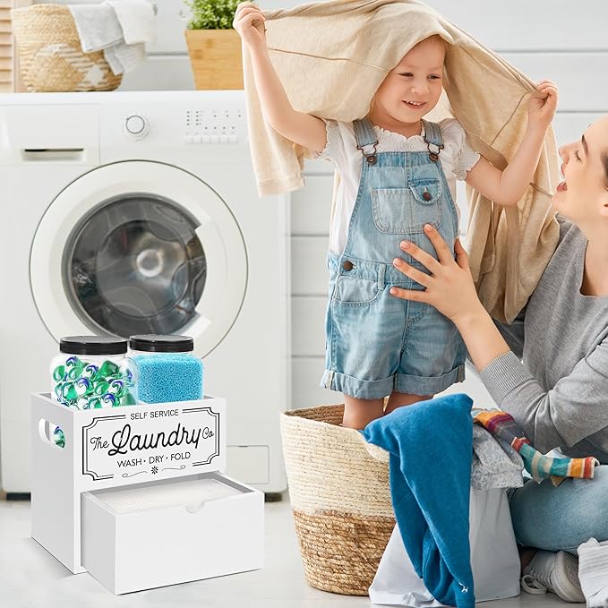 Dryer Sheet Container for Laundry Room Organization, Laundry Pods Container Include 2 Plastic Jars with Lids for Storage, Drying Ball and Laundry Detergent Dispenser, Laundry Room Decor