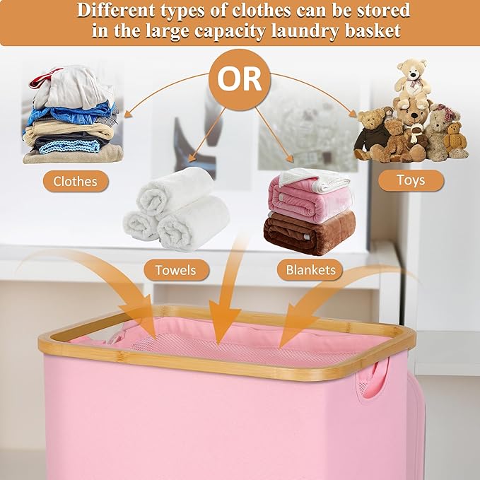 iEGrow Laundry Hamper with Lid, 110L Large Laundry Basket with Handle and Lid, Collapsible Clothes Basket Organizer with Removable Inner Bag for Clothes Toys Towels,Pink