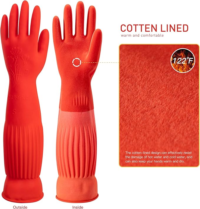 ThxToms Rubber Dishwashing Cleaning Gloves (2-Pair) - Fleece Lined, Reusable, Waterproof with Extra-Long Cuff & Anti-Slip Design for Household & Kitchen Use - Small