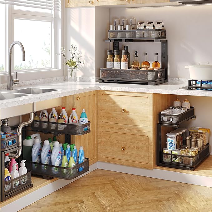 2 Pack 17.3IN-Depth Under Sink Organizer with Smooth Cylindrical Rail,2-Tier Pull Out Multi-Purpose Cabinet Storage for Bathroom&Kitchen,Height Adjustable,Rust-Resistant Coating-Black