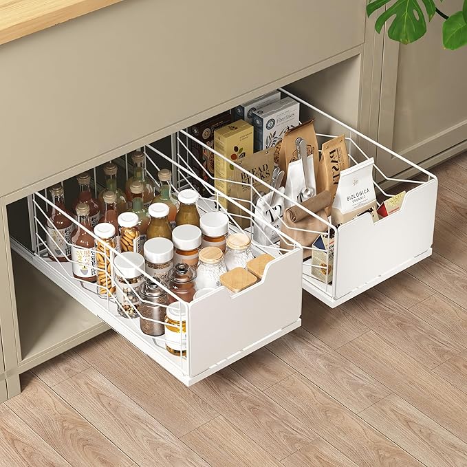 NETEL 4 Pack Pull Out Cabinet Organizer, No Drill Slide Out Drawers for Kitchen Cabinets, Peel and Stick Pull Out Drawers, Kitchen Cabinet Organizer,White,11.8"W X 20.86"D X 6.9"H