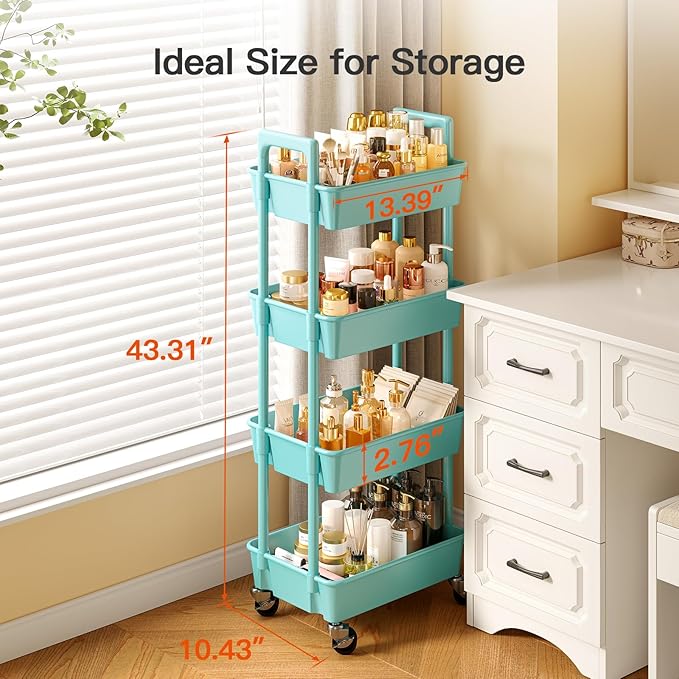 Pipishell 4-Tier Rolling Cart, Plastic Cart with Lockable Wheels & Reinforced Handle, Lightweight Utility Storage for Nursery, Bathroom, Craft Room, PIUC15TB