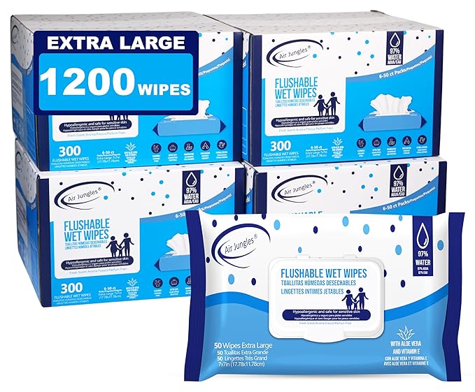 Air Jungles Flushable Wipes 1200 Wipes, Extra Large 7"x7", Fresh Scent Wet Wipe, Moisturizing with Aloe Vera & Vitamin E, for Adults and Babies
