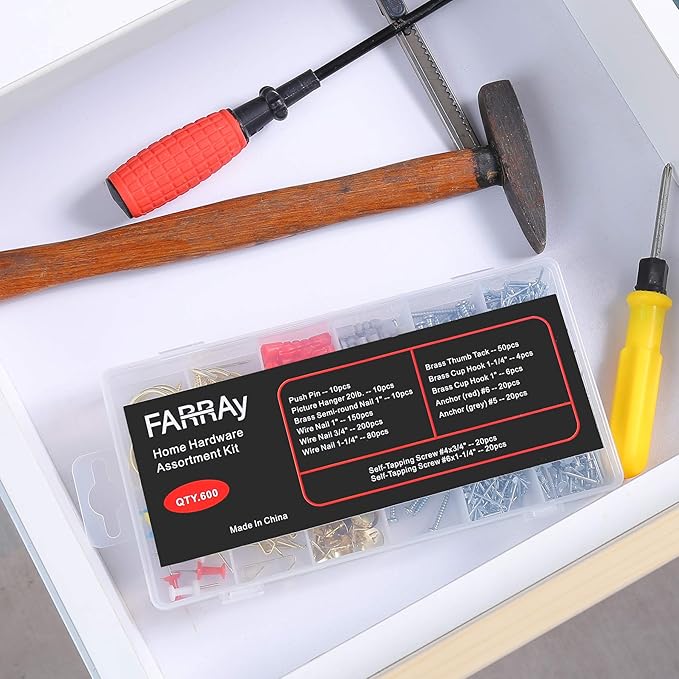 FARRAY Repair and Wall Hanging Kit: Screws, Nails, Drywall Anchors, Picture Hangers, Cup Hooks, Push Pins, Thumb Tacks, 600pcs