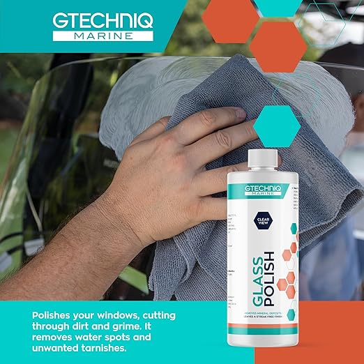 Gtechniq Marine Glass Polish – Water Based Cleaner for Scratch Free Finish on Glass and Perspex – Removes Mineral and Salt Deposits Fast – Hydrophobic Protection with Clear Finish – 250ml