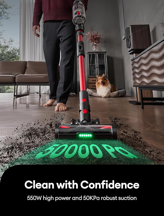Ultenic Cordless Vacuum Cleaner, 550W/50Kpa, 60Mins Runtime, 180°Bendable Wand, Anti-Tangle Brush, Stick Vacuum Cordless with Charging Dock, Handheld Vacuum for Pet Hair/Carpet/Floor/Car, U16 Flex
