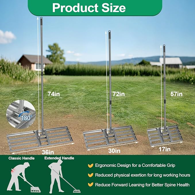 Lawn Leveling Rake with 36"x10" Ground Plate Heavy Duty, Oversized Yard Leveling Rake Tool for Soil - Adjustable Effort Saving Handle, Metal Landscape Lawn Leveler for Garden, Topdressing & Seeding