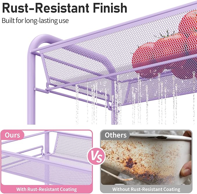 TOOLF 4-Tier Rolling Cart, Metal Utility Cart with 3 Hooks, Easy Assemble Mobile Storage Trolley On Wheels, Metal Shelving Units Kitchen Bathroom Laundry Room