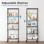 Homdox 5 Tier Wire Shelving Unit on Wheels, Adjustable Storage Racks and Shelving, Heavy Duty Rolling Metal Shelves with Side Hooks for Laundry Bathroom Kitchen Garage Pantry Organization, Black