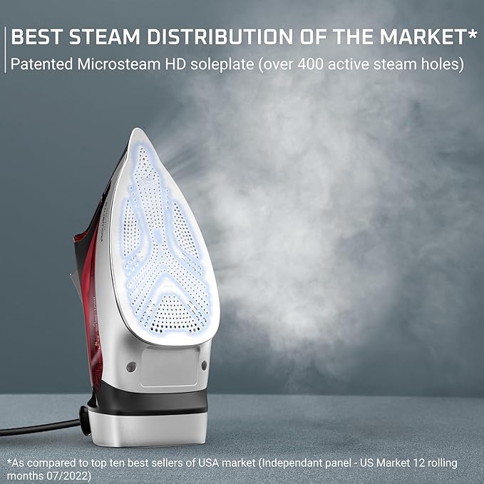 Rowenta, Iron, Focus Excellence Stainless Steel Soleplate Steam Iron for Clothes, Retractable Cord, 400+ Microsteam Holes, Powerful steam, LED Display, 1750 W Ironing Clothes, Cordreel, Red DW5433